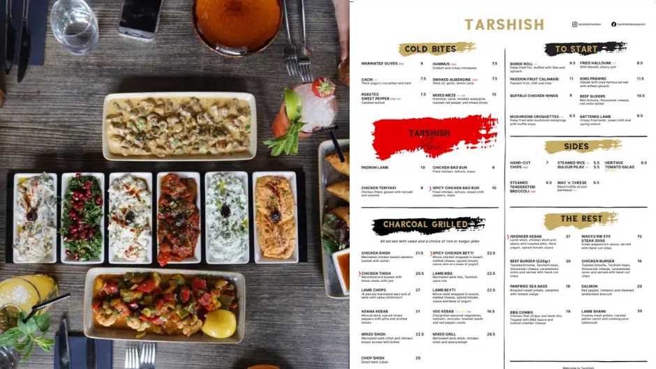 Tarshish menu with Prices