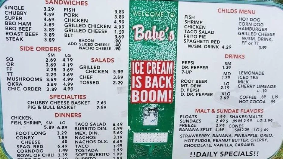 Babe's Drive In Menu With Prices